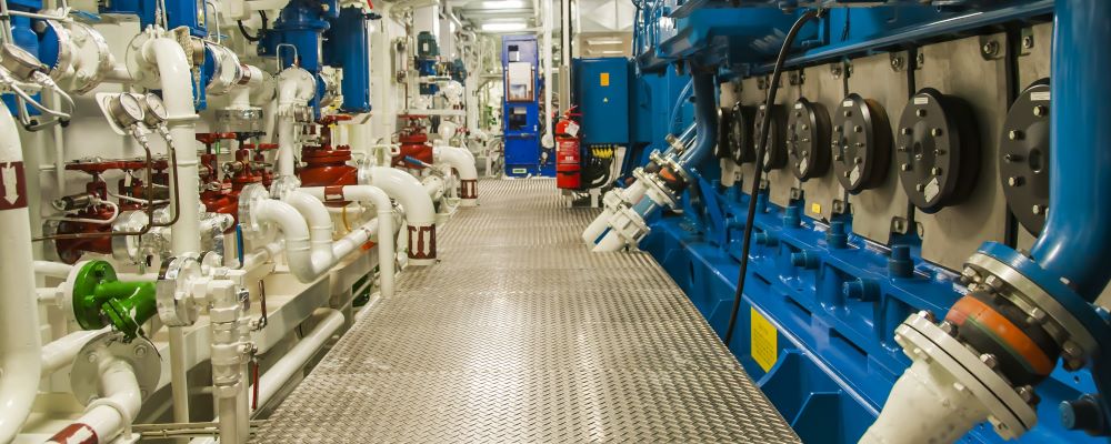 Ausrüstung, Kabel, Röhre und Ventile im Maschinenraum eines Schiffskraftwerks